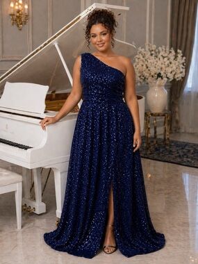 #3 B Navy Blue Sequin One Shoulder Gown-1X/Size 16